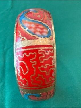 Red Cloisonné Enamel Bangle Bracelet with Gold Accents